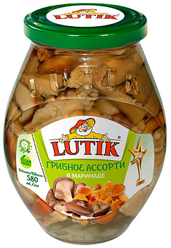 LUTIK Грибное ассорти в маринаде, 580 мл/530г/280г (Стекл.банка)