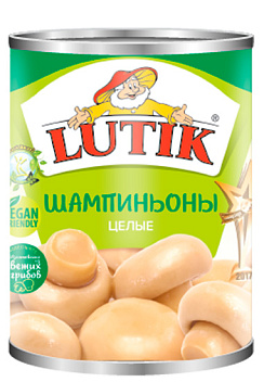 LUTIK грибы шампиньоны целые без добавления уксусной кислоты 425мл., 400гр./200гр. (Ж.банка)