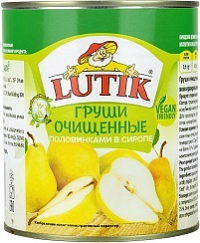 LUTIK Груши очищенные половинками в сиропе консервированные, масса нетто 850мл/820г/ чистый вес 460г