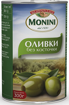 MONINI Оливки без косточки, масса нетто 300г/314мл (чистый вес 120г)
