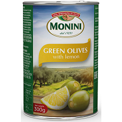 MONINI Оливки с лимоном, масса нетто 300г/314мл (чистый вес 120г)