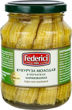 FEDERICI Кукуруза молодая в початках маринованная, масса нетто 340г/370мл